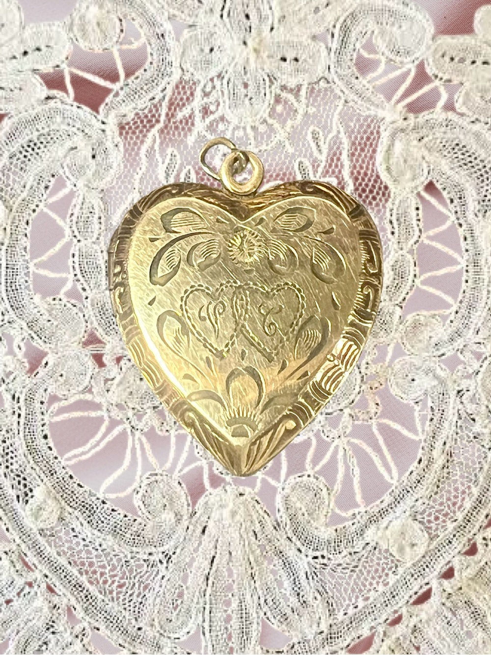 Vintage Gold Filled on Sterling Floral Engraved Heart Locket 1 1/8”